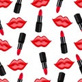 Cosmetic seamless pattern, fashion background. Red lipstick and lip on white . For decoration, fabric design, wallpaper, wrapper.