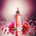 Cosmetic serum bottle ads with rose flowers and pink background. Cosmetics bottles mock up.