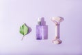 Cosmetic serum, rose quartz crystal facial roller and green leaf on purple background. Skincare, spa and wellness Royalty Free Stock Photo