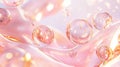 Cosmetic serum texture with floating golden bubbles, soft highlights, and glowing reflections