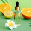 Cosmetic serum Vitamin C in glass bottle with pipette dropper citrus and plumeria flower. Orange essential oil citrus Royalty Free Stock Photo