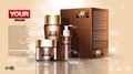 Cosmetic set ads template, moisturizing lotions collection cover mockup. Dazzling effect background. Brown Cream, spray