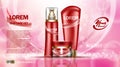 Cosmetic set ads template, moisturizing lotions collection cover mockup. Dazzling effect background. Cream, spray bottle