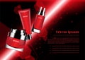 Cosmetic set and blurred hexagonal effect with red light beam on