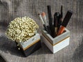 Cosmetic set and dried flower in cubic shape concrete container