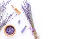 Cosmetic set with lavender herbs and sea salt in bottle on white table background flat lay mockup Royalty Free Stock Photo