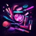 Cosmetic set, makeup products, eyeshadow palette, lipstick, eyeliner, mascara, nail polish. Vector illustration Generative AI Royalty Free Stock Photo