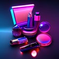 Cosmetic set. Makeup products. Vector illustration in neon style generative AI Royalty Free Stock Photo