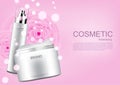 Cosmetic set and pink camellia with bubble light on pink background