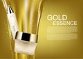 Cosmetic set with pouring gold and gold dust on golden background