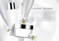 Cosmetic set with pouring milk and falling flowerson white background vector white cosmetic collection