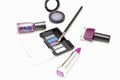 Cosmetic set of violet on white background. Make up products Royalty Free Stock Photo