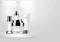 Cosmetic set on white stand and blur light from ceiling vector c
