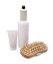 Cosmetic set with wooden massager isolated Royalty Free Stock Photo