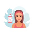 Cosmetic skincare and cleansing for skin with acne, young woman with pimply face and bottle of gel