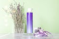 Cosmetic skincare cream on marble background. Eco-friendly lavender aromatherapy cosmetics