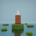 Cosmetic product bottle on grass podium and water 3D render illustration