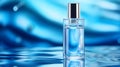 cosmetic spa medical skincare glass serum bottle with collagen on blue water background with waves