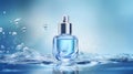 cosmetic spa medical skincare glass serum bottle with collagen on blue water background with waves