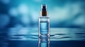 cosmetic spa medical skincare glass serum bottle with collagen on blue water background with waves