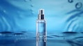 cosmetic spa medical skincare glass serum bottle with collagen on blue water background with waves