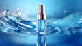 cosmetic spa medical skincare glass serum bottle with collagen on blue water background with waves