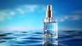 cosmetic spa medical skincare glass serum bottle with collagen on blue water background with waves