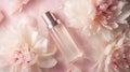 Cosmetic spa skincare, glass serum bottle on blush pink peonies flowers background.. Advertising of product for anti-aging care,