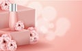 Cosmetic template, banner, bottle, perfumery cosmetics, perfume advertisement, paper flowers and realistic pink paper