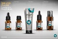 Cosmetic template, collection of brown glass bottles with pipettes, bottles with oil for face, realistic cosmetic bottle