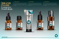 Cosmetic template, collection of brown glass bottles with pipettes, bottles with oil for face, realistic cosmetic bottle