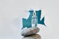 Cosmetic serum in white dropper bottles on natural stone. Blue background, natural skincare products concept