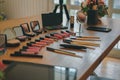 Beauty cosmetic makeup essentials on stylish artist table Royalty Free Stock Photo