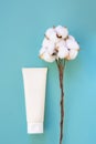 Cosmetic tube with copy space and stem with cotton flowers on blue background. Vertical format. Royalty Free Stock Photo