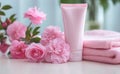 Pink Skincare Tube With Fresh Roses Next to Soft Towels on a Bright Day Royalty Free Stock Photo