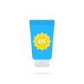 Cosmetic tube of sunscreen with sun protection factor or spf