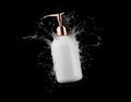 Cosmetic white bottle in water splash isolated on black background 3D render, hair and bory care products packaging and Royalty Free Stock Photo