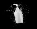 Cosmetic white bottle in water splash isolated on black background 3D render, hair and bory care products packaging and Royalty Free Stock Photo