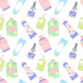 Colorful vector seamless pattern with different cosmetics items.