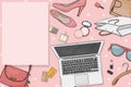 Cosmetics, accessories, shoes, and a laptop. Online shopping concept.