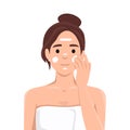 Cosmetics and beauty concept. Face of young smiling pretty woman cartoon character applying moisturizing mask on her face for Royalty Free Stock Photo