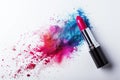 Cosmetics and beauty industry, a set of lipsticks on a background of loose powder and eye shadow, High Angle Still Life of Four