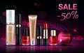 Cosmetics beauty products for make up sale banner. Royalty Free Stock Photo