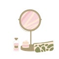 Cosmetics and beauty products daily routine products. Mirror, perfume, makeup bag with moisturizing. Flat vector illustration