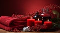 Cosmetics for body care. Massage oils and Towels with candles and flowers. Red background. Spa. Generative AI Royalty Free Stock Photo