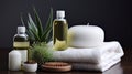 Cosmetics for body care. Massage oils and Towels with candles and flowers. Spa. Generative AI