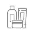 Cosmetics, bottles and cream, skin care line vector icon