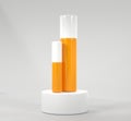 Cosmetics bottles on display podium, mock up banner. Orange tubes of beauty cosmetic skin care products on cylindrical