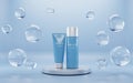 Cosmetics bottles on round podium with air bubbles mock up banner. Beauty skin care product tubes cream, tonic or lotion