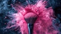 Cosmetics brush and explosion colorful makeup powder black background Royalty Free Stock Photo
